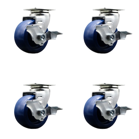 Service Caster 4 Inch Solid Polyurethane Swivel Caster Set with Ball Bearings and Brakes SCC-20S420-SPUB-TLB-4